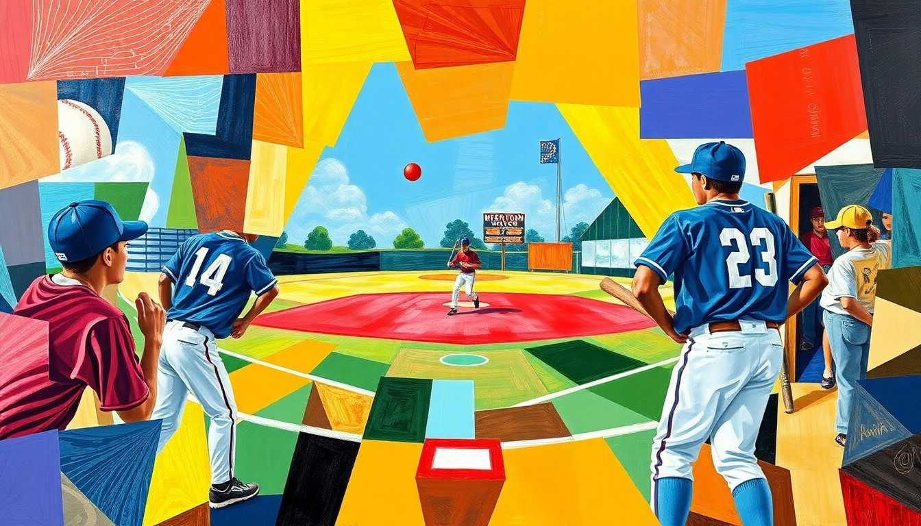 A fragmented, geometric painting depicting the overlapping movements and perspectives of a high school sports competition, rendered in a vibrant color palette.