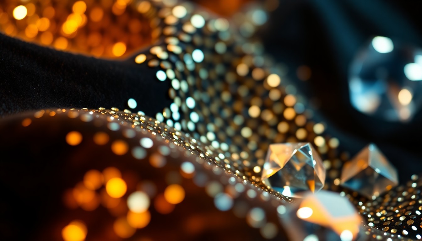 An extreme close-up photograph of shimmering casino gaming textures in dramatic, high-contrast lighting, conceptually representing the luxury and excitement of Sky River Casino's offerings.