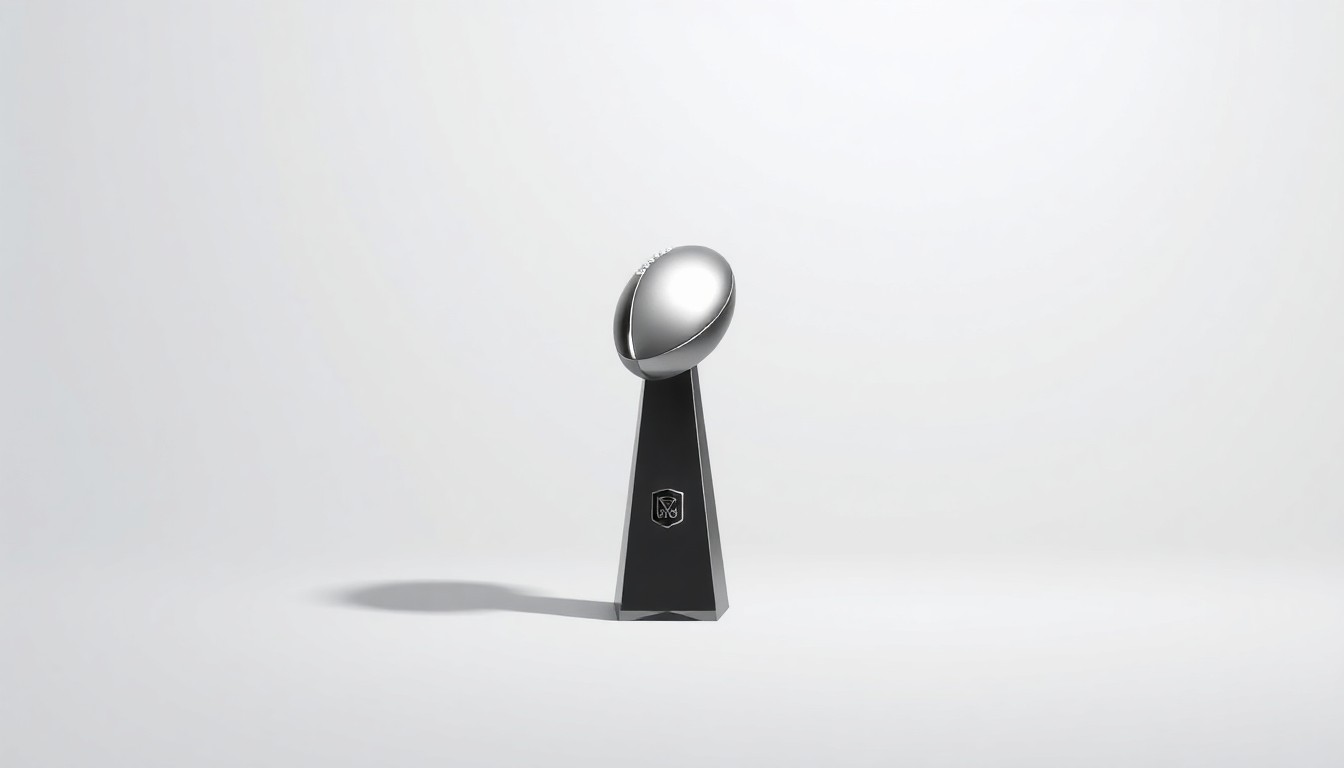 A high-end, photorealistic studio still-life photograph of a polished, geometric metal trophy in the shape of the Lombardi Trophy, the iconic award given to the Super Bowl champions, resting on a clean, monochromatic seamless background and dramatically lit to convey the prestige and significance of the Super Bowl event for the host city.