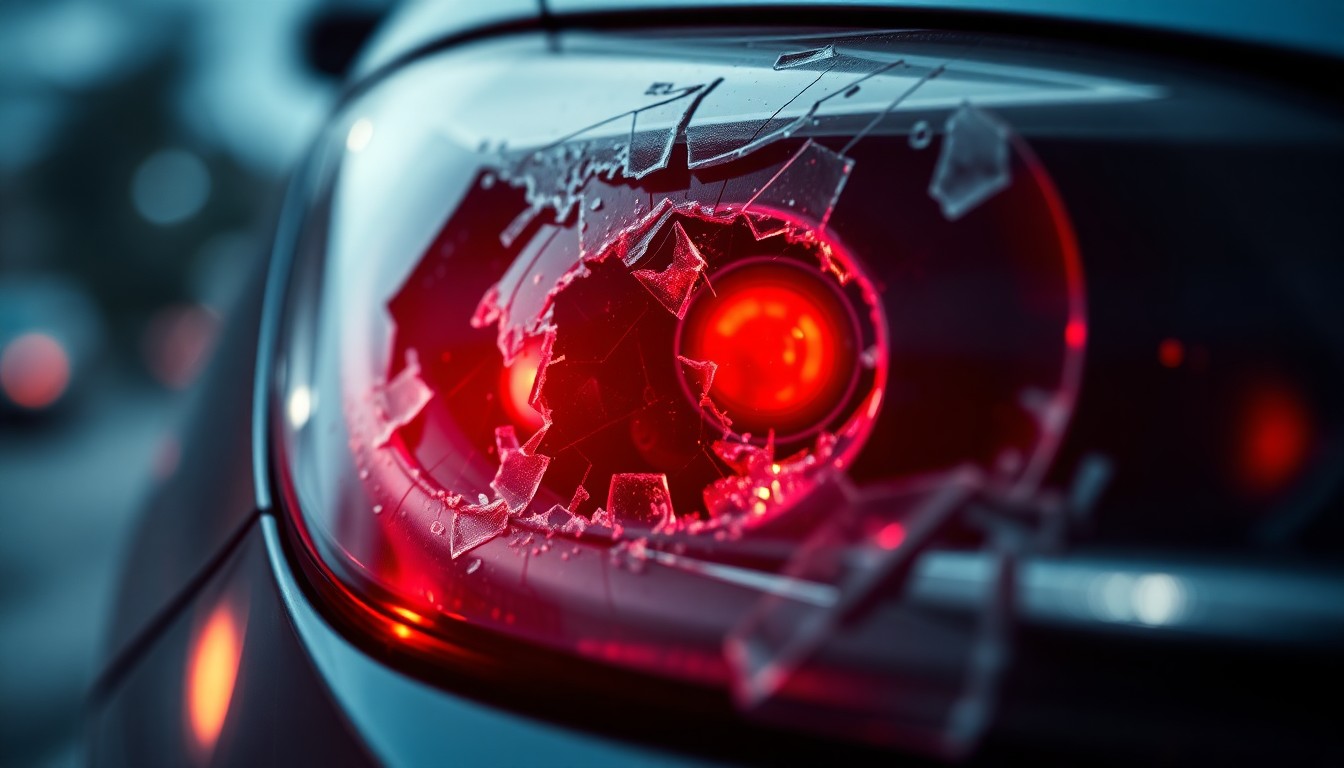 An extreme close-up of a shattered car sensor lens reflecting a faint red light, conceptually illustrating the vandalism of self-driving cars.