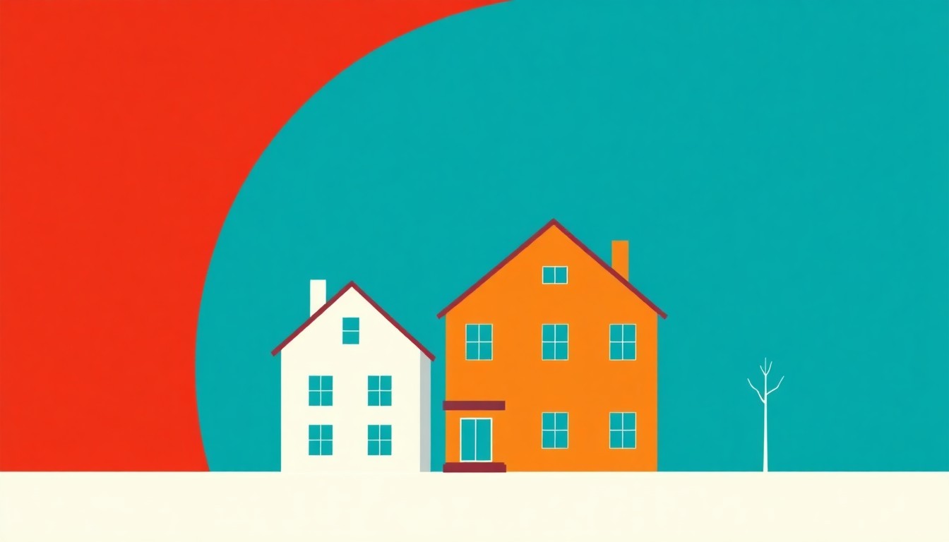 A minimalist illustration using bold geometric shapes and primary colors to conceptually represent the imbalance and shifting burden of soaring property taxes in Chicago.