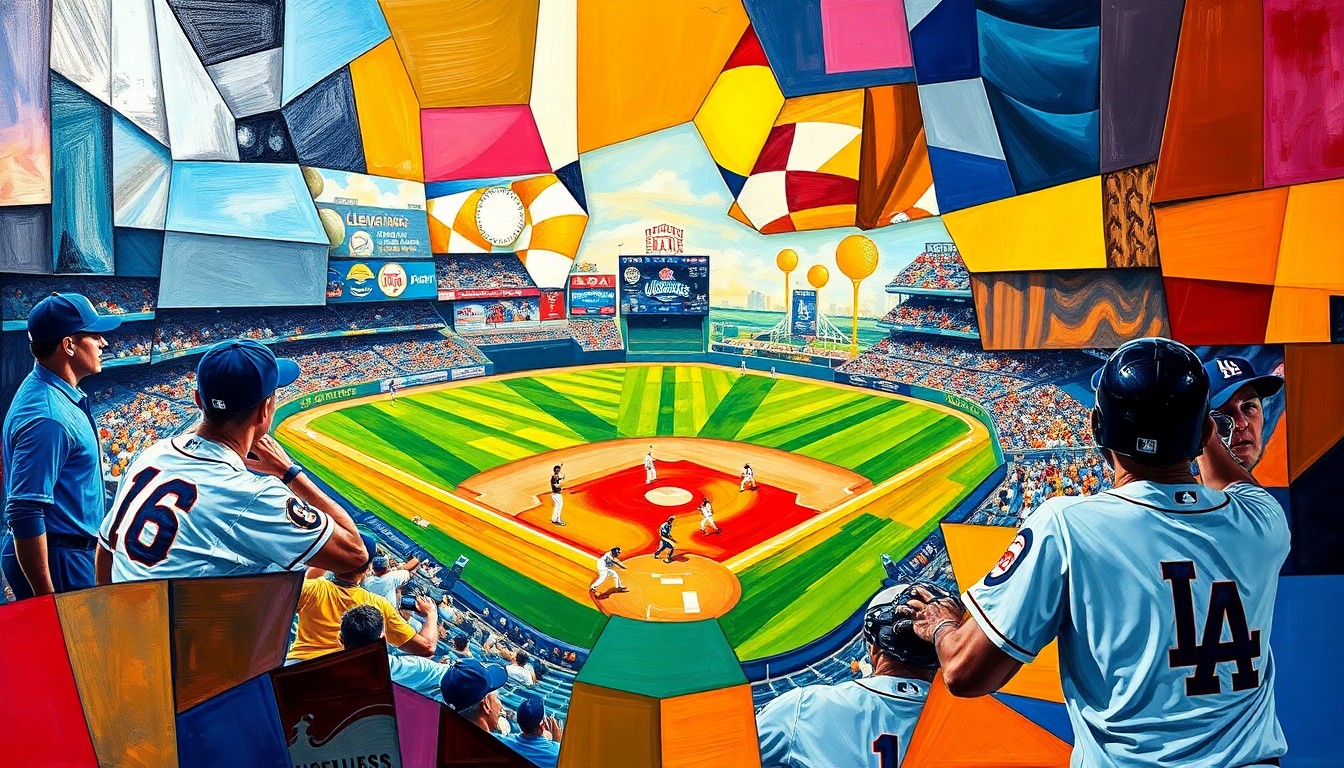 A cubist, geometric painting depicting a baseball game between the Cleveland Guardians and Los Angeles Dodgers, with the players and field broken down into overlapping angular shapes and planes in vibrant team colors.