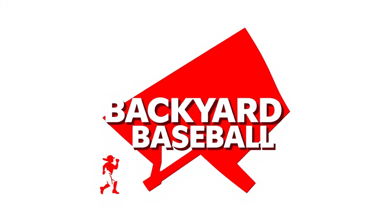 An abstract, minimalist composition of bold, jagged geometric shapes in red and white, conceptually representing the Backyard Baseball franchise and its revival.