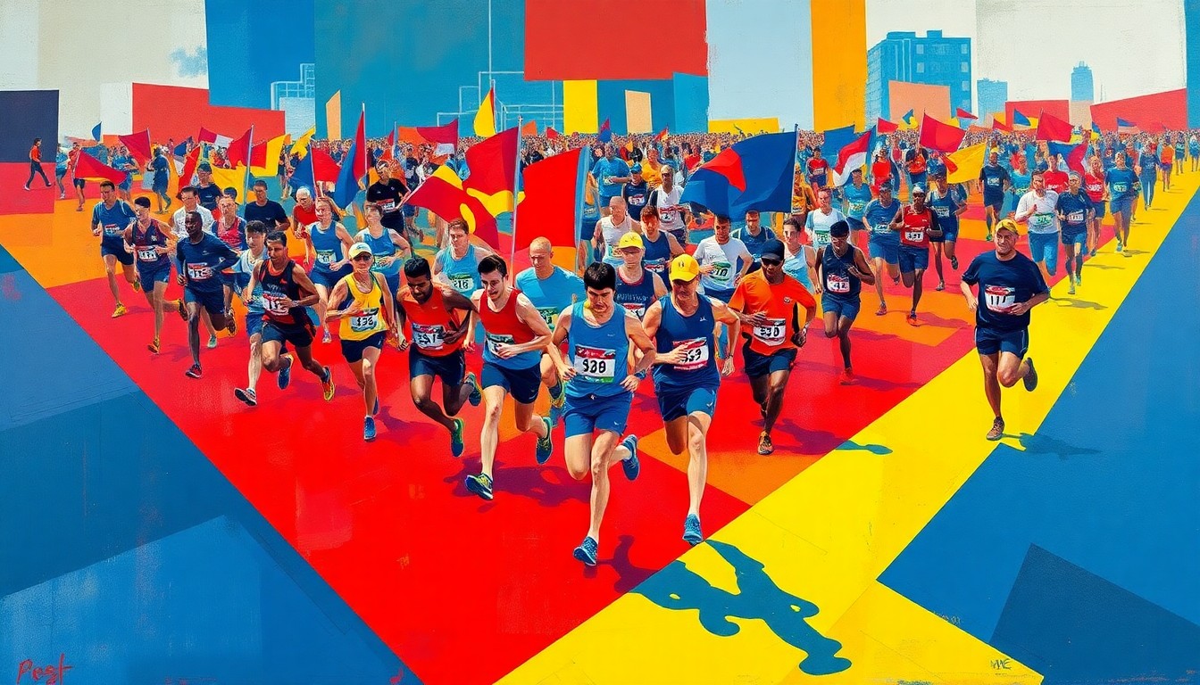 A fractured, geometric painting depicting runners in motion, their bodies and the marathon course broken down into sharp, overlapping planes of vibrant color, capturing the raw energy and determination of the 'Double Boston' challenge.