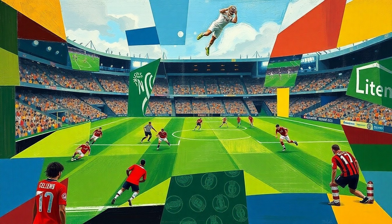 A cubist, geometric painting depicting fragmented, overlapping shapes and planes representing the motion and energy of a football training session or game.