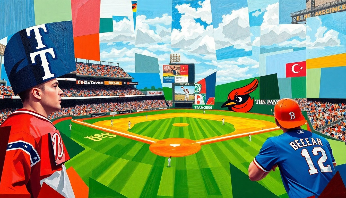 A fractured, multi-perspective painting depicting a baseball game between the Texas Rangers and Baltimore Orioles, with sharp, overlapping geometric planes in vibrant colors representing the energy and dynamics of the competition.