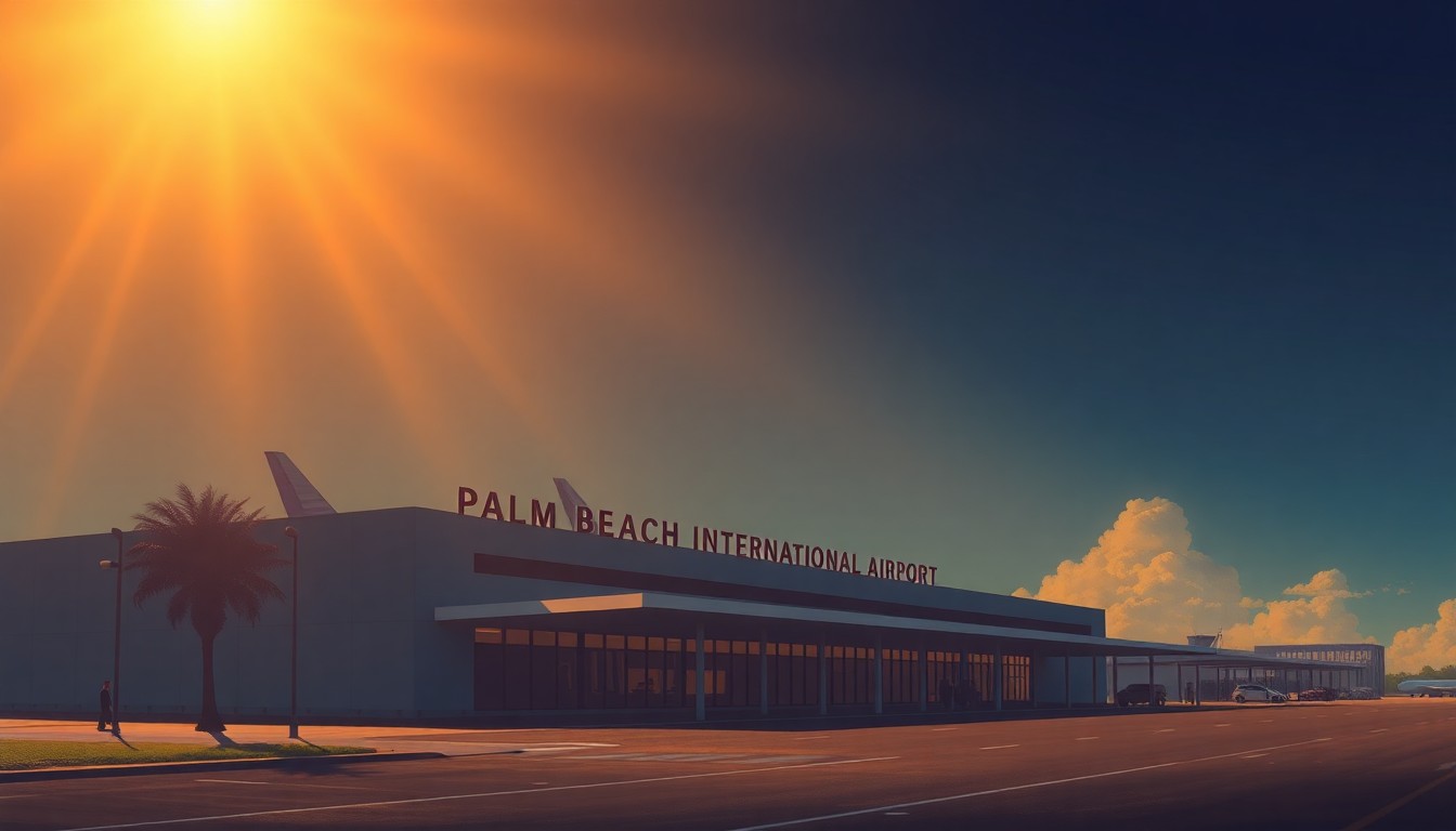 A serene, photorealistic painting of the Palm Beach International Airport terminal building, with warm sunlight streaming through the windows and deep shadows casting across the facade, conveying a sense of quiet contemplation about the controversial renaming decision.
