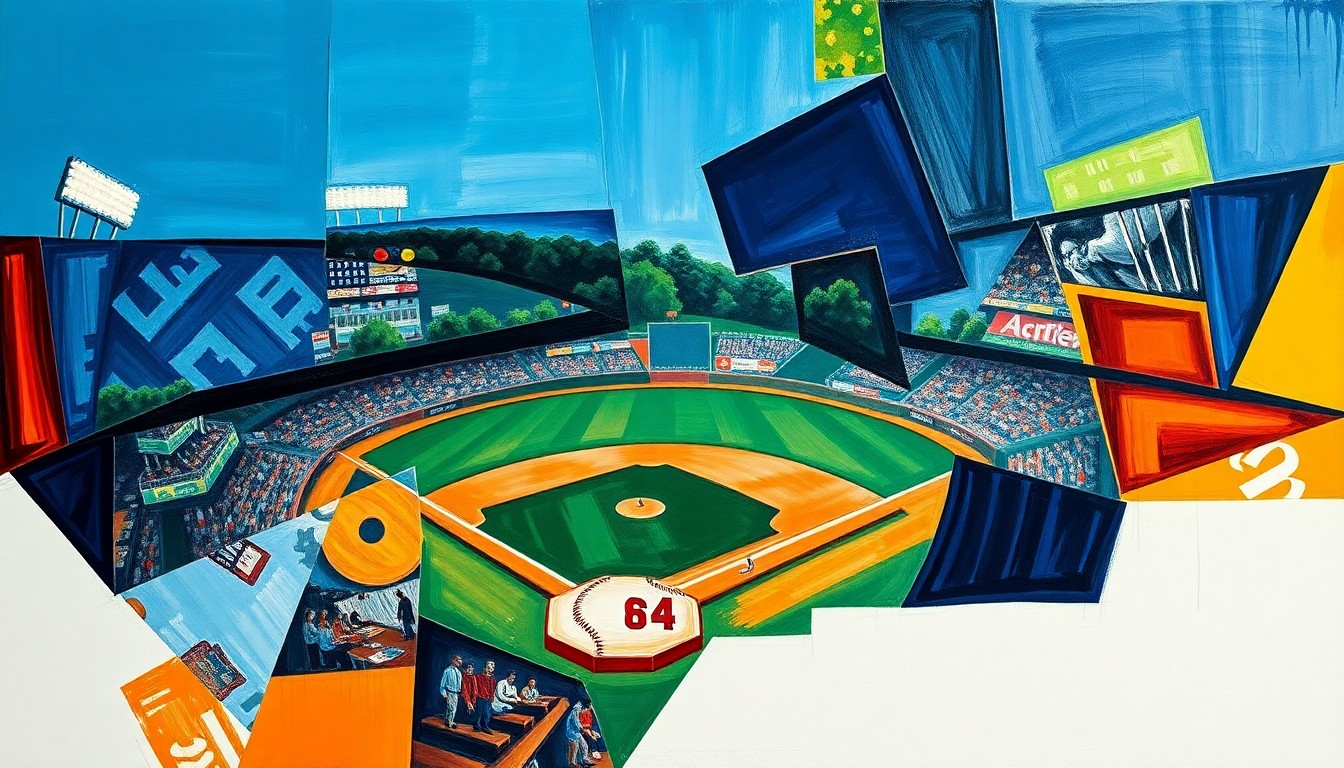 A cubist-style painting featuring overlapping geometric shapes and planes in shades of blue, green, and orange, conceptually representing the dynamic action of a baseball game.