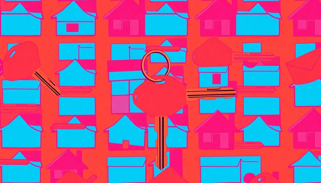 A brightly colored, high-contrast silkscreen print of a single, iconic mortgage document repeated in a tight grid pattern, capturing the financial complexities of divorce through a modern pop art lens.