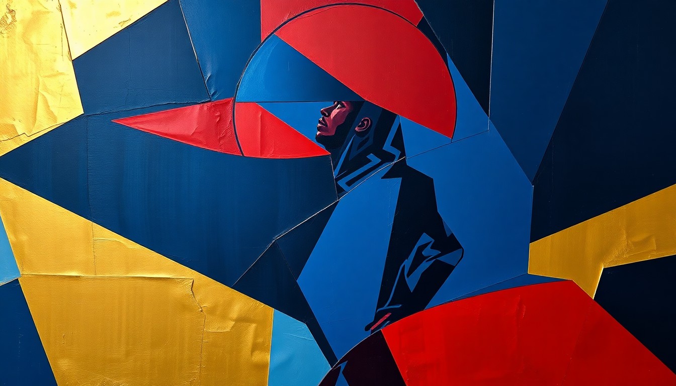 A fragmented, cubist-style illustration depicting the silhouette of a basketball player broken down into sharp, angular planes of navy, red, and gold, conveying a sense of disruption and discipline.