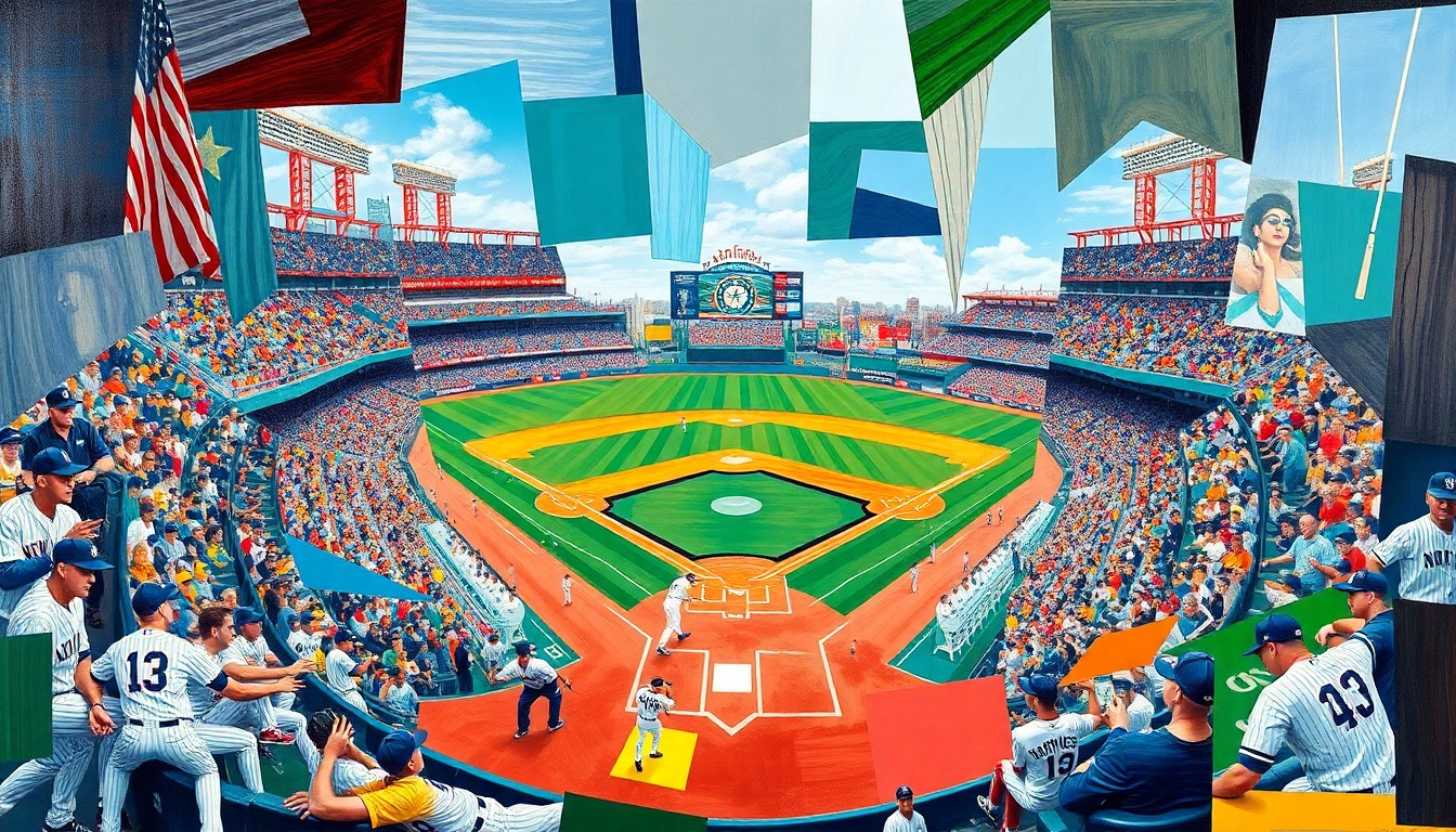 A fragmented, geometric painting in bold primary colors depicting a baseball game in motion, with players and stadium elements broken down into sharp, overlapping planes.