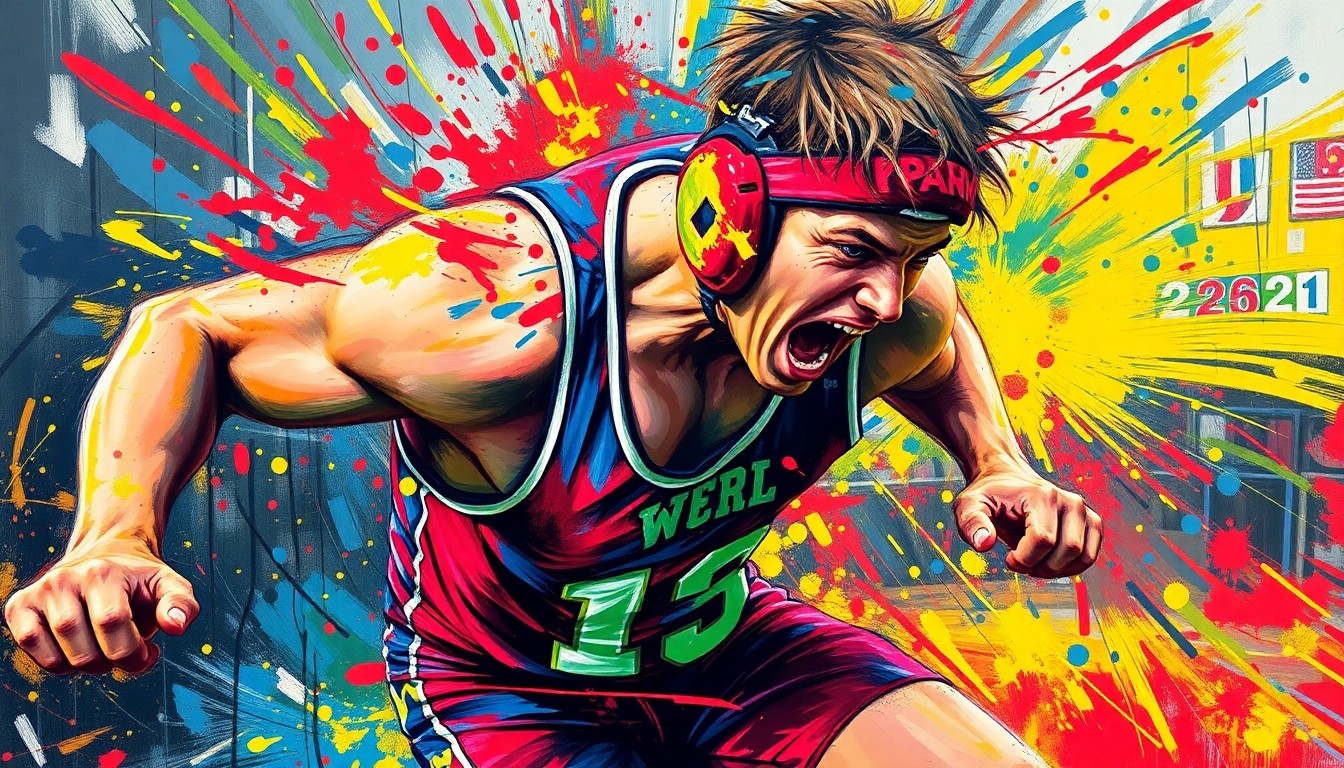An abstract, expressionist painting in vibrant neon colors depicting the dynamic movements and energy of a high school wrestler in competition.