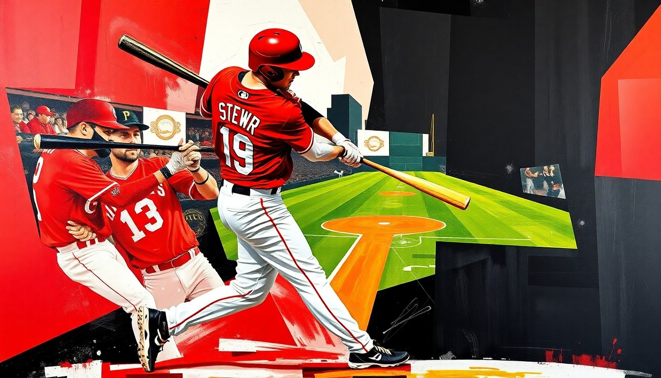 A cubist, geometric painting depicting the fractured, multi-angled motion of a baseball player's swing, with the vibrant colors of the Reds and Pirates uniforms used throughout the abstract composition.