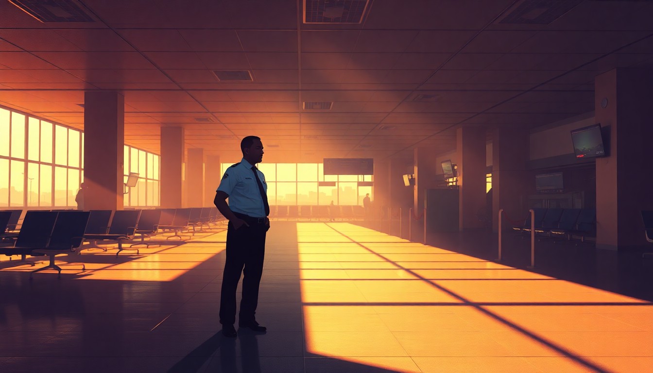 A serene, photorealistic painting of a lone TSA agent standing in an empty airport terminal, the warm sunlight casting deep shadows across the scene, conveying the somber mood of federal workers impacted by the government shutdown.