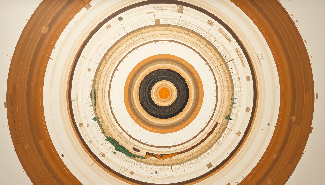 A highly structured, geometric abstract painting in earthy tones of brown, ochre, and sage green, depicting sweeping arcs, concentric circles, and precise spirals that represent the complex technological systems and natural forces involved in the Artemis II moon mission.