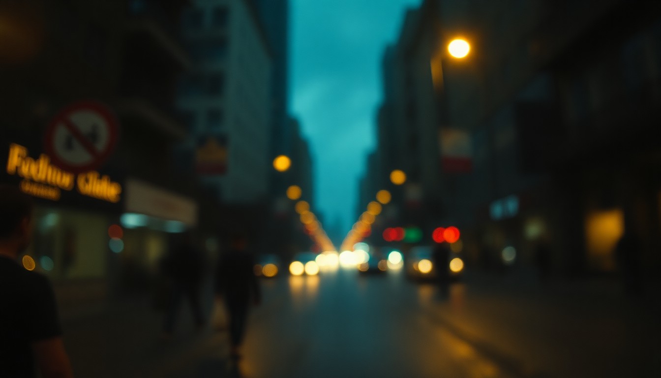 An impressionistic, softly focused urban street scene with blurred lights and silhouettes of pedestrians, conveying the atmospheric mood of a city housing initiative.