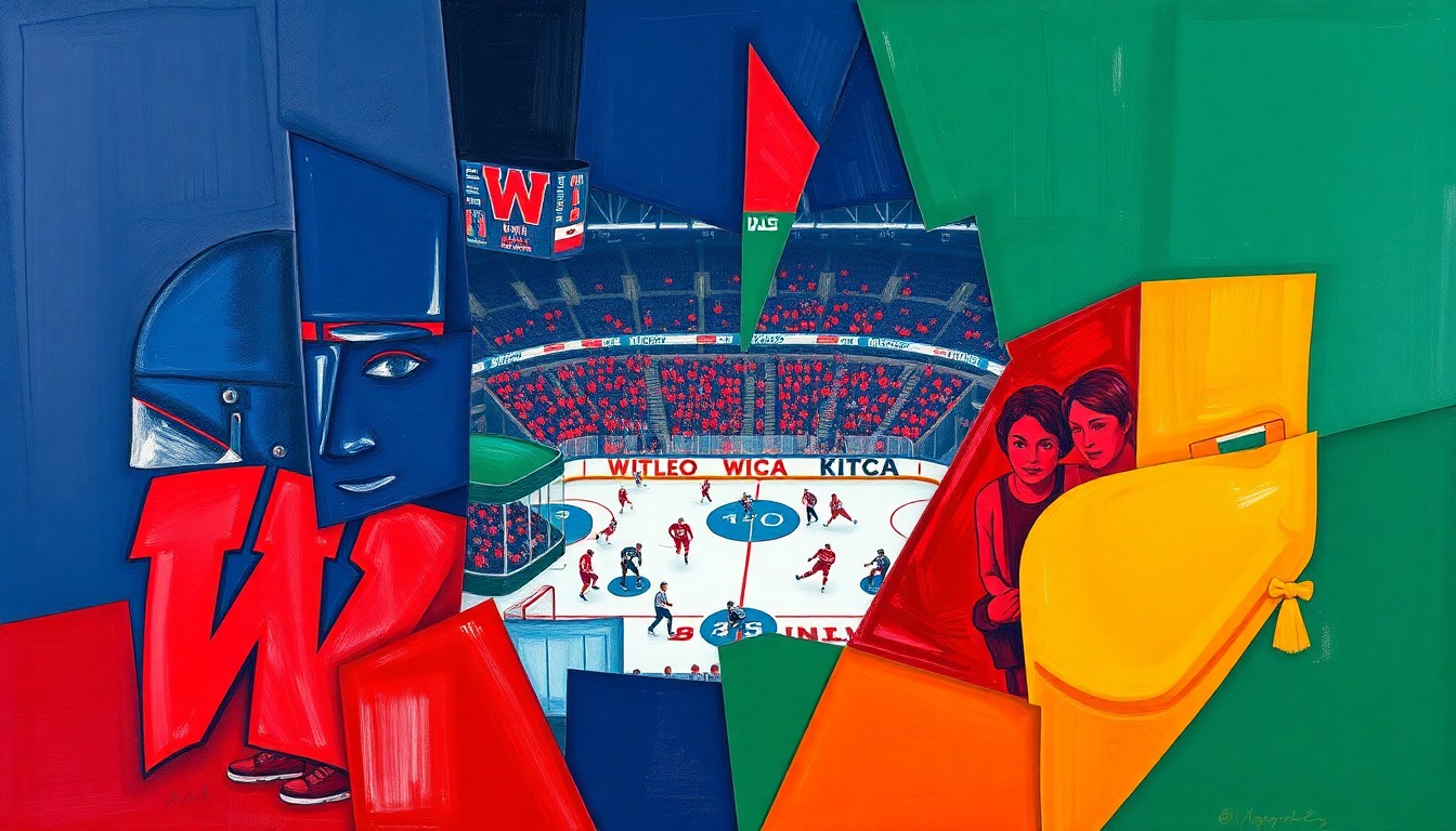 A fractured, cubist-style painting depicting the action and energy of a college hockey game, with sharp geometric shapes in navy blue, scarlet red, and forest green overlapping to create a dynamic, multi-perspective visual.