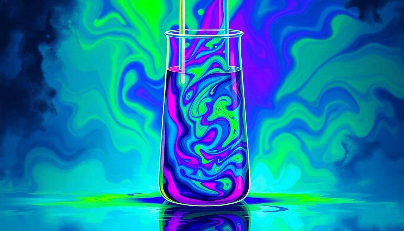 A vibrant, abstract painting featuring overlapping, geometric shapes in shades of blue, green, and purple, conveying the chemical complexity and contested nature of the kratom substance.
