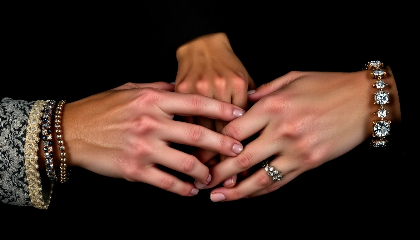 An extreme close-up photograph of interlocking hands, with dramatic high-contrast lighting highlighting the intricate textures of skin and jewelry, conceptually representing the interconnectedness of the Van Dongen-Stekelenburg family.