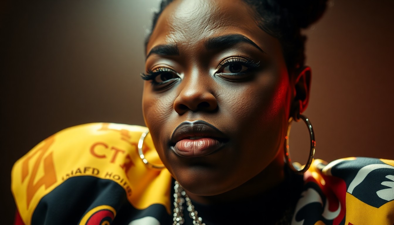 An extreme close-up of a textured, patchwork fabric made from upcycled HBCU t-shirts, capturing the intricate details and high-contrast lighting that give the ensemble a glamorous, high-fashion aesthetic.