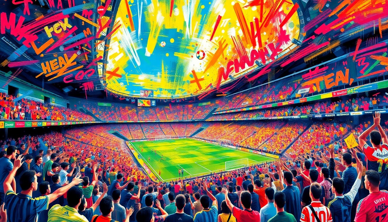 A dynamic, colorful painting with bold, energetic brushstrokes depicting a lively soccer stadium filled with cheering fans, capturing the excitement and enthusiasm of the event.