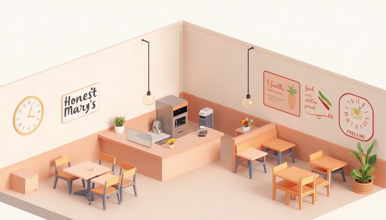 A stylized, isometric 3D illustration depicting the interior of an Honest Mary's restaurant, with an open kitchen, counter service area, and indoor and outdoor seating rendered in soft pastel colors and smooth textures.