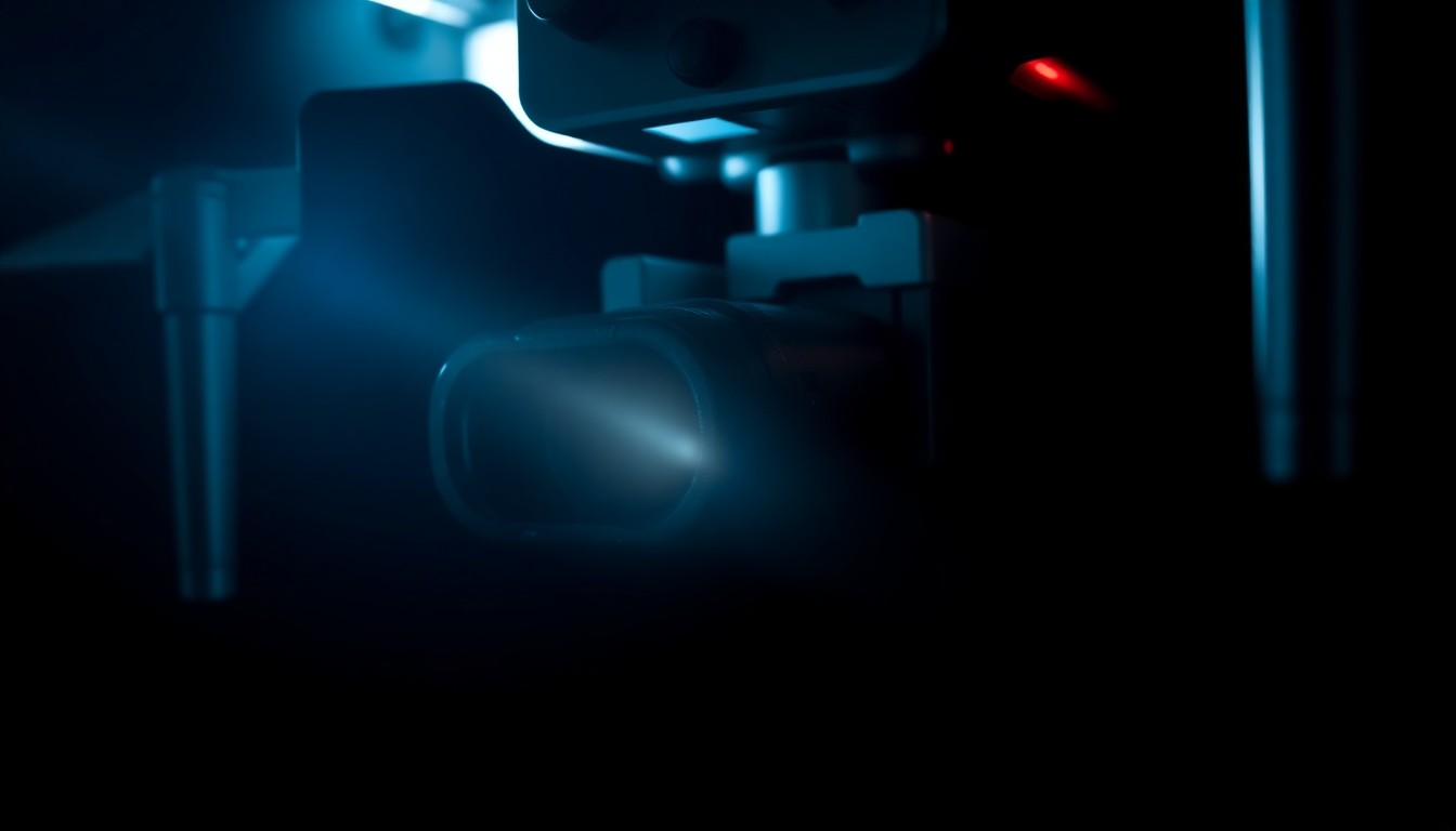 An extreme close-up photograph of a police K-9 tracking device or drone component, lit by a harsh, direct camera flash against a pitch-black background, creating a stark, gritty, investigative aesthetic.