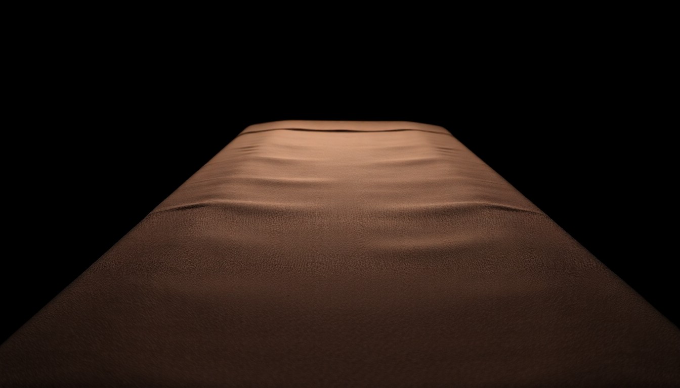 An extreme close-up photograph of a massage table's worn and textured surface, lit by a harsh, direct camera flash against a pitch-black background, conveying a stark, gritty, investigative mood about the alleged criminal activity at this business.