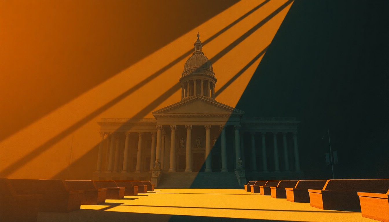 A dimly lit, cinematic painting of a government building or legislative chamber, with warm light streaming in through the windows and deep shadows casting across the scene, conveying a sense of quiet contemplation and the weight of political decisions.