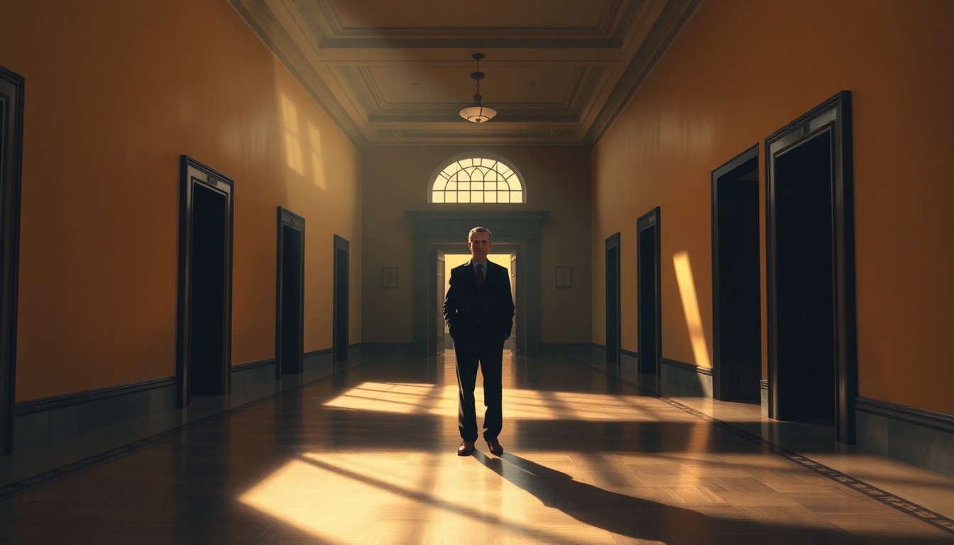 A serene, painterly image of a lone politician standing in an empty government building hallway, the space filled with warm light and deep shadows, conveying a sense of transition and change in the political landscape.