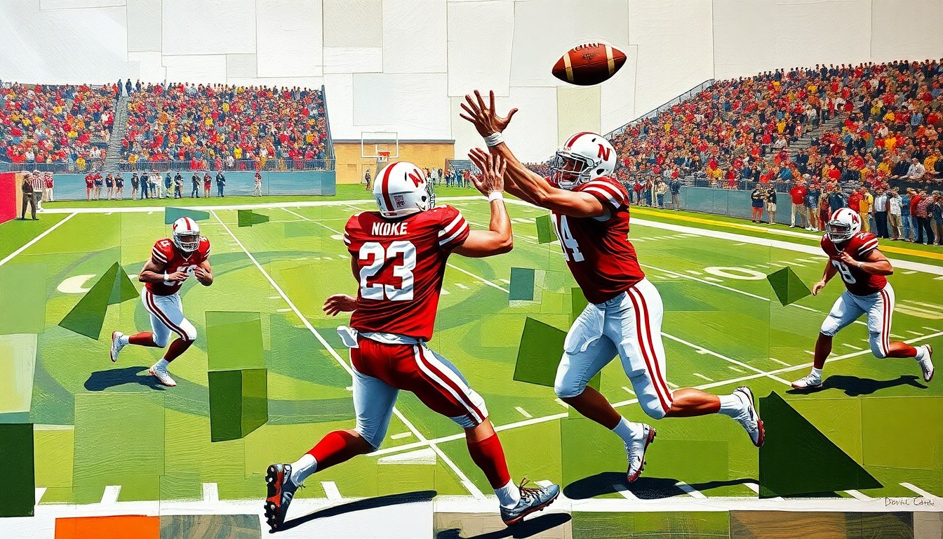 A fractured, multi-perspective painting depicting a Nebraska football game, with the players and action broken down into sharp, overlapping geometric shapes and planes, capturing the energy and movement of the sport.