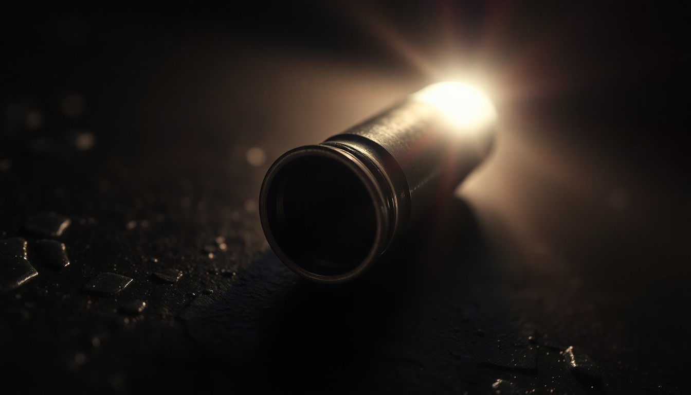 An extreme close-up photograph of a spent shell casing on a dark, textured surface, conceptually illustrating the aftermath of a shooting incident.