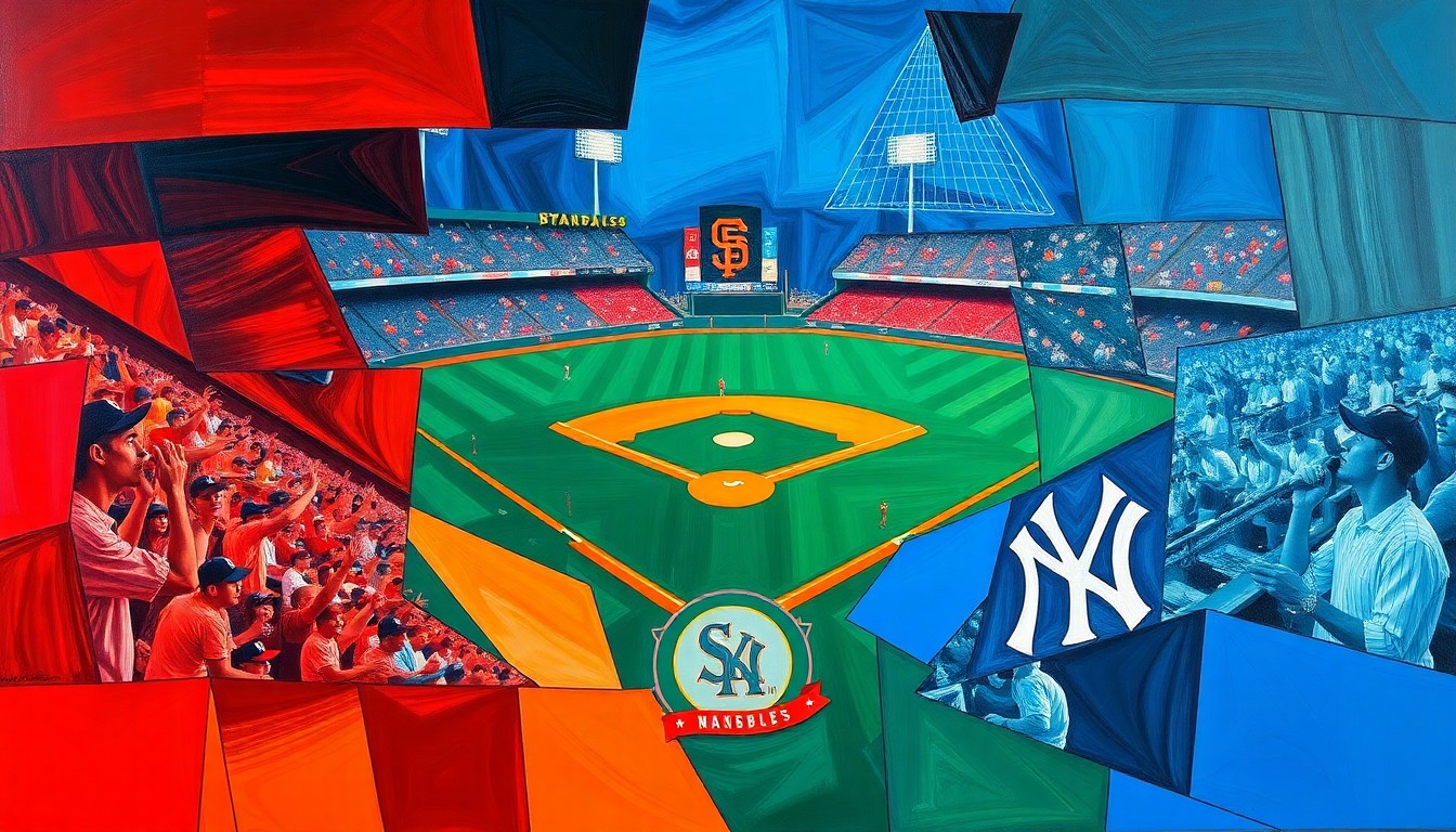 A fragmented, geometric painting in bold colors depicting a baseball game in motion, with players and field elements broken down into sharp, overlapping shapes, conveying the tactical shifts and competitive spirit of the Giants-Yankees matchup.