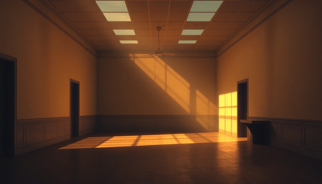 A dimly lit, nostalgic painting of an empty government office or planning department space, with warm sunlight streaming through the windows and deep shadows casting across the desks and chairs, conceptually representing the uncertainty surrounding the split between the city and county on planning issues.