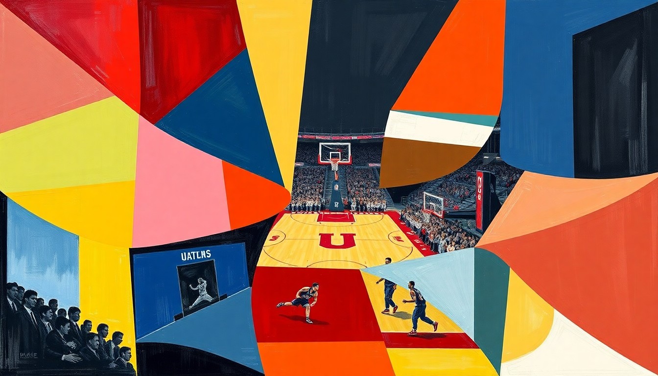 A fragmented, geometric painting depicting the action and energy of a college basketball game, with sharp planes of color representing the Utah Utes and their opponents.