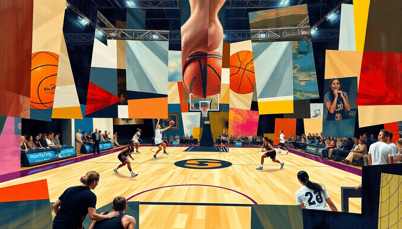 A cubist, geometric painting depicting a women's basketball game, with the players and court broken down into abstract shapes and planes of color, capturing the energy and intensity of the tournament matchup.