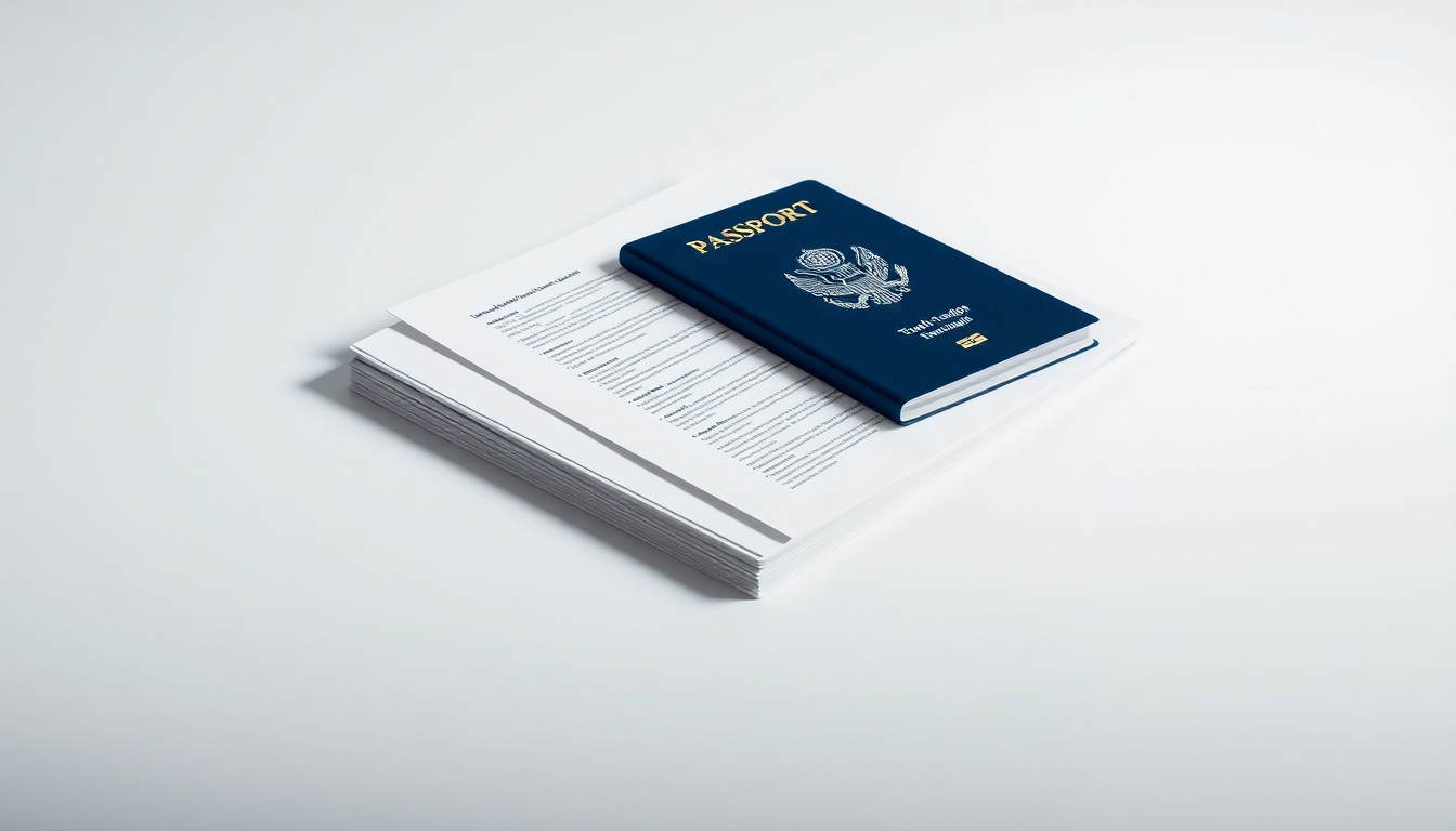 A photorealistic studio still-life featuring a stack of travel documents, a passport, and a tablet device arranged on a clean, white background, symbolizing the corporate strategy and regulatory risks facing the travel industry.