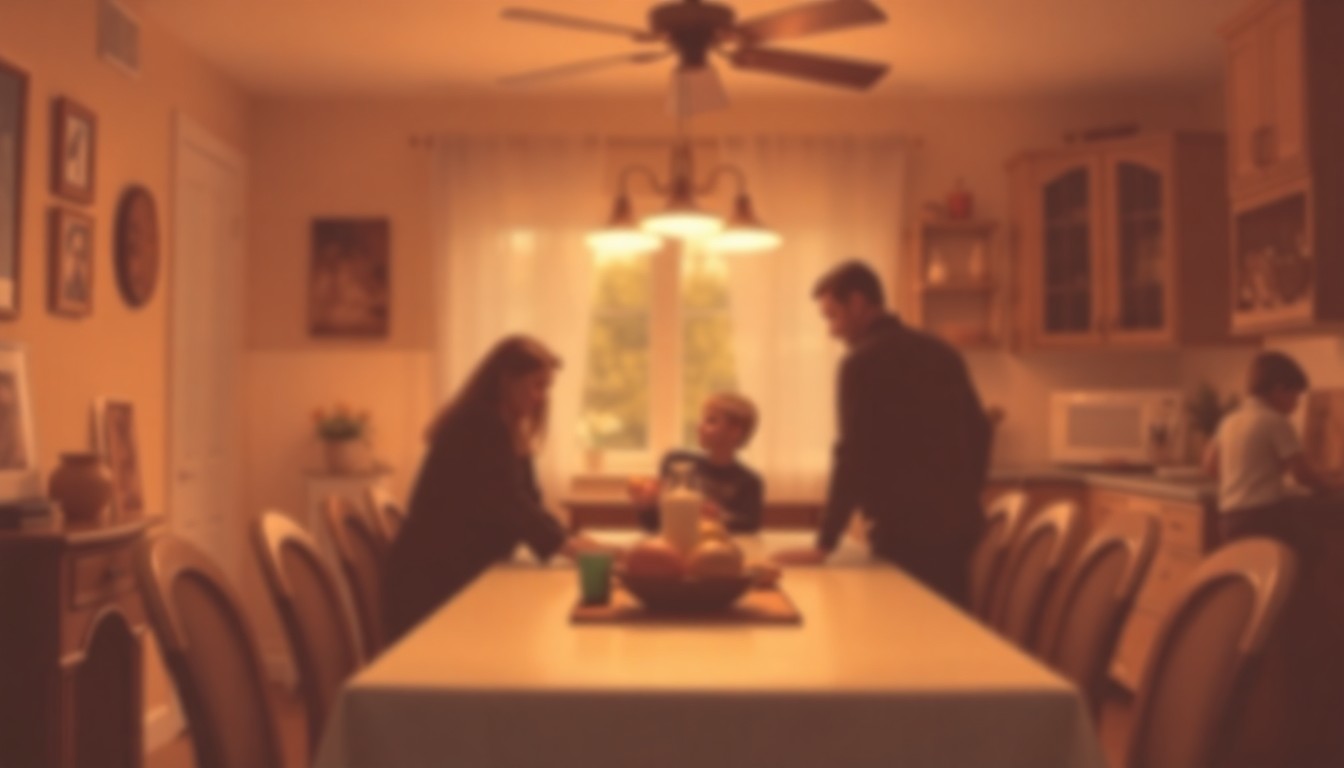 An extremely abstracted, out-of-focus photograph in warm, muted tones depicting a cozy kitchen scene with blurred silhouettes of people gathered around a table, conceptually representing the cherished memories and family gatherings that were important to Linda Ann McKinney.