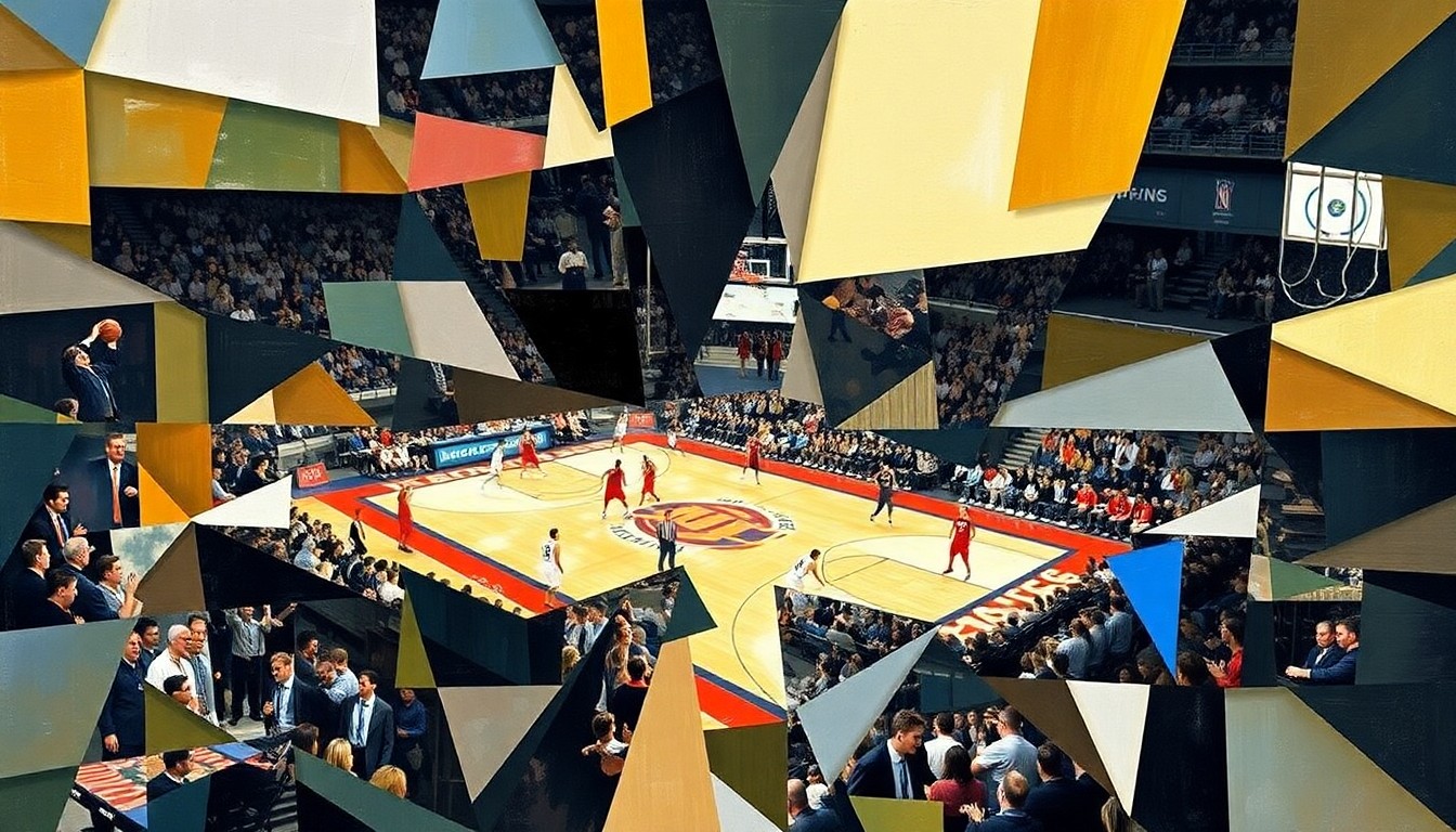 A cubist, geometric painting depicting the dynamic action of a college basketball game, with the players, court, and crowd fragmented into abstract shapes and planes of vibrant color.