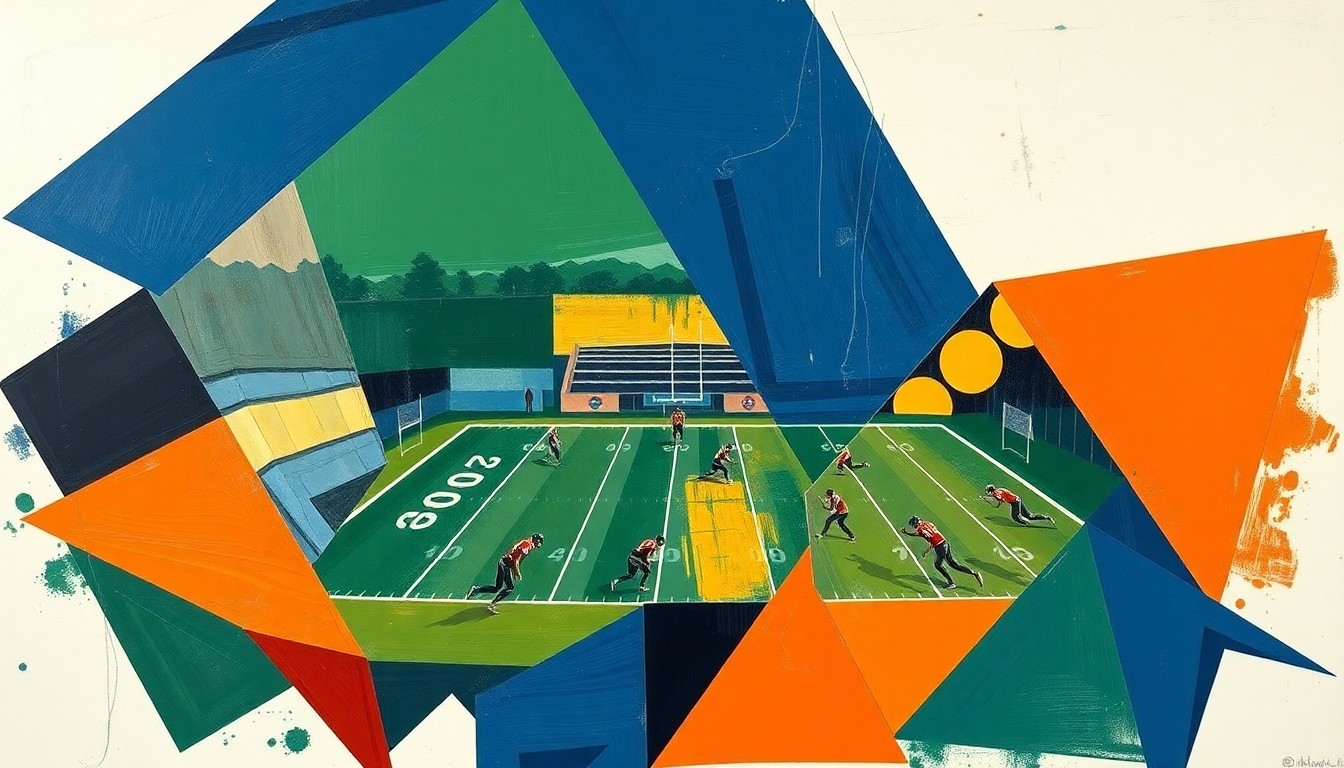 A fragmented, cubist-style painting depicting the chaotic action of a high school football game, with players and the field broken down into sharp, overlapping geometric shapes in a palette of navy, green, and orange.