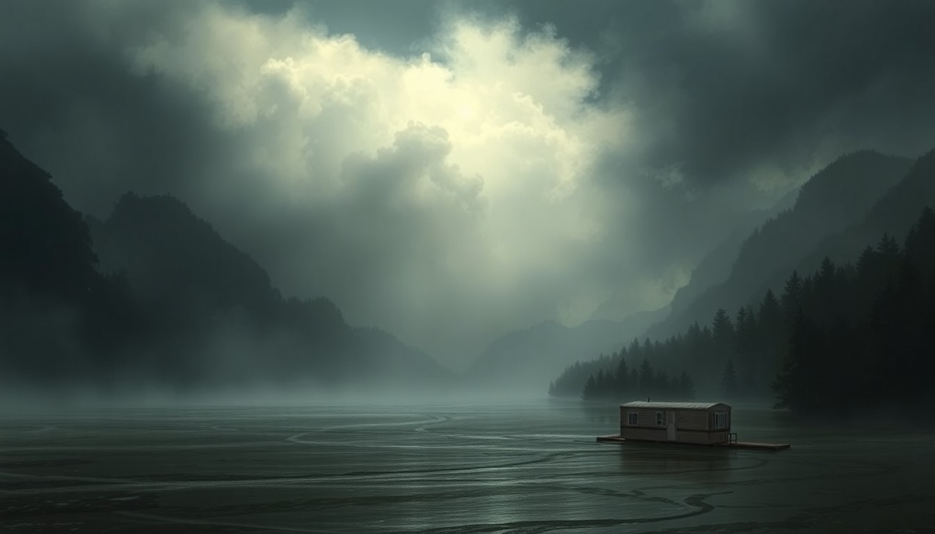 A sweeping, atmospheric landscape painting in muted tones of gray, blue, and green, with a small, partially obscured mobile home structure in the distance, dwarfed by the overwhelming scale of the natural environment.