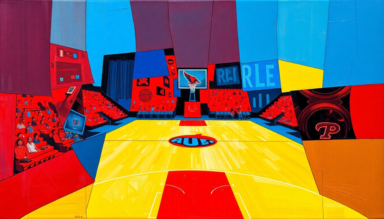 A cubist, geometric painting depicting a basketball game in motion, with players and the court broken down into overlapping, angular shapes in a vibrant color palette.