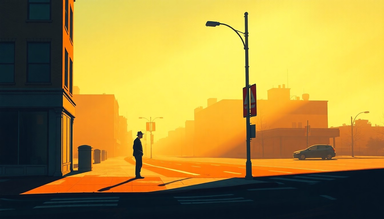 A serene, cinematic painting depicting a lone pedestrian standing on a city street corner, the scene bathed in warm, directional light and deep shadows, conceptually representing the tensions over restricting where people can stand near busy roads.