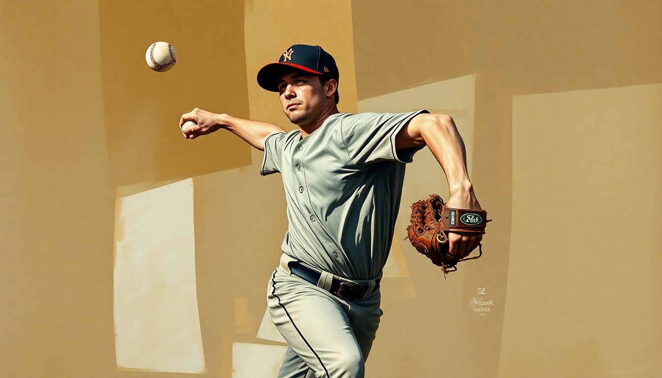 A fragmented, geometric painting depicting the motion of a baseball pitcher, with sharp, overlapping planes in muted earth tones representing the complexities of a veteran reliever's journey back to the big leagues.