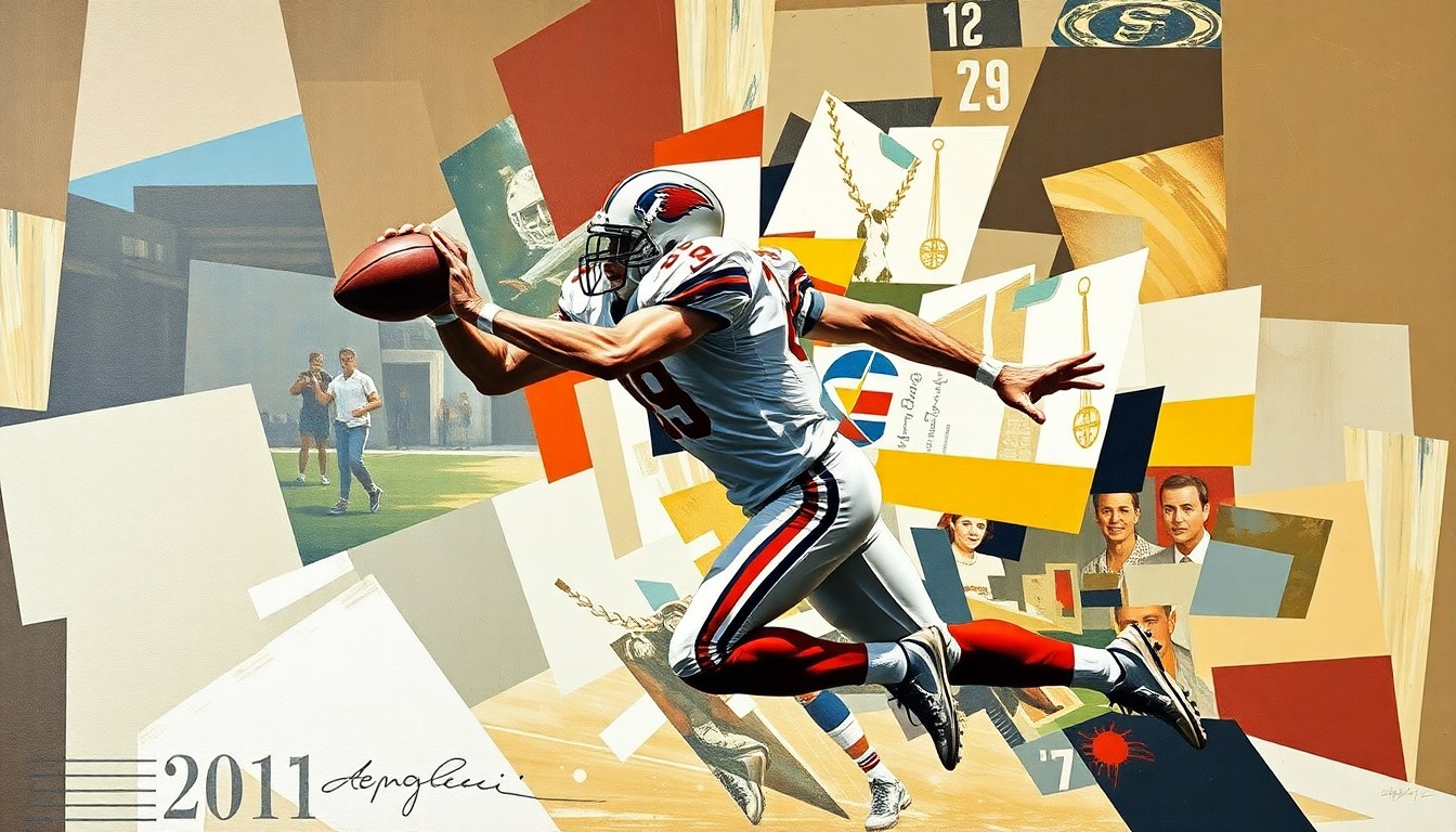A fragmented, geometric painting depicting a football player in mid-interception, the player's form broken down into sharp, overlapping planes of color and shape to convey the raw energy and dynamism of the play.