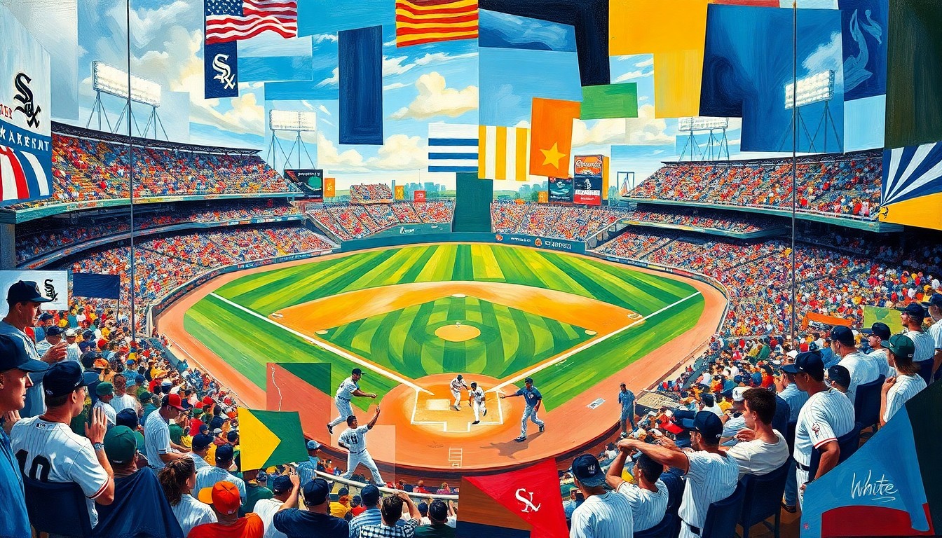 A cubist, geometric painting depicting a baseball game, with sharp, overlapping planes of color representing the players and action on the field.
