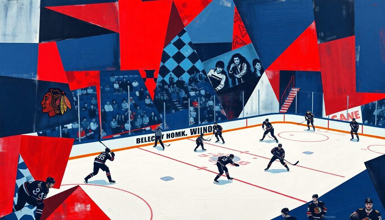 A fragmented, geometric painting in navy, red, and white tones depicting a hockey game in motion, with players and the rink deconstructed into sharp, overlapping planes, conveying the Blackhawks' lack of unity and direction this season.