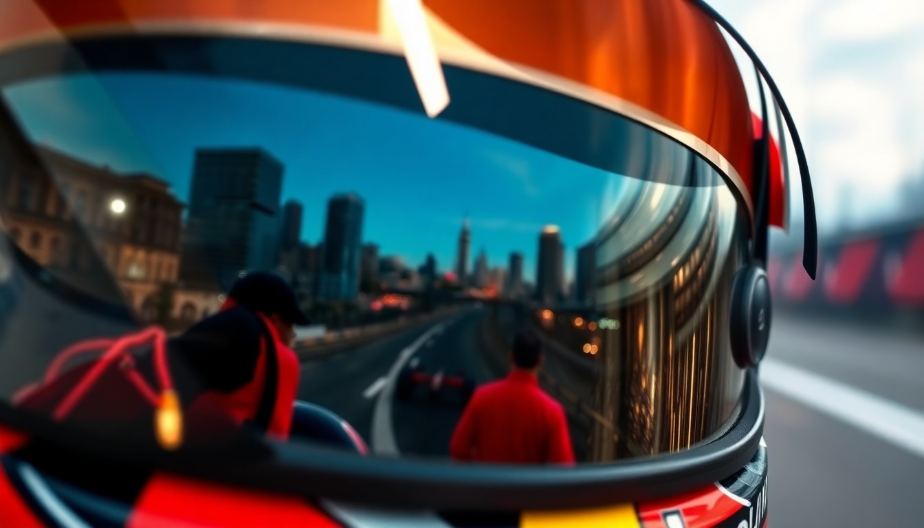 An abstract close-up photograph of a shiny, metallic racing helmet visor reflecting the blurred lights and shapes of a cityscape, conveying the high-fashion glamour and high-energy spirit of Formula 1 racing.
