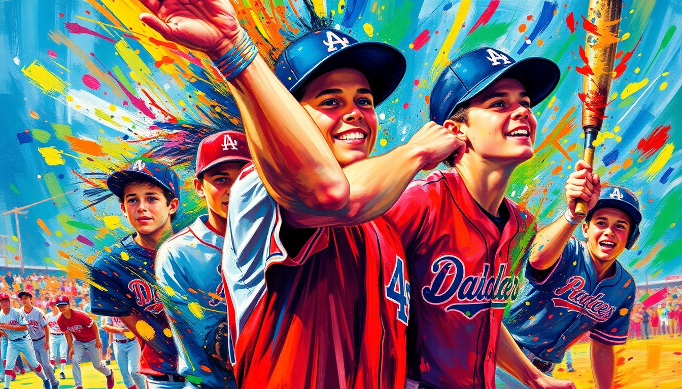 An abstract expressionist painting in vibrant neon colors, with rapid brushstrokes capturing the frenetic energy and excitement of a high school baseball game, players' faces and uniforms blurred into unrecognizable splashes of paint.