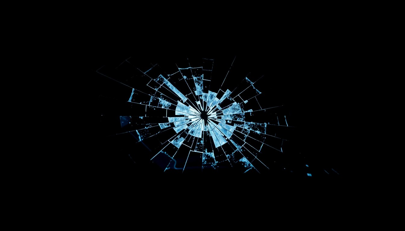 An extreme close-up photograph of a shattered car window or damaged sensor, lit by a harsh, direct camera flash against a pitch-black background, conceptually illustrating the investigation into a rise in solved robbery cases.
